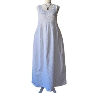 White Sleeveless Smocked Cotton Maxi Dress - Medium